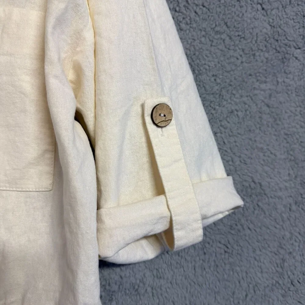 ZARA Linen Blend Jumpsuit Womens L White Roll Tab Sleeves Button Collar Resort